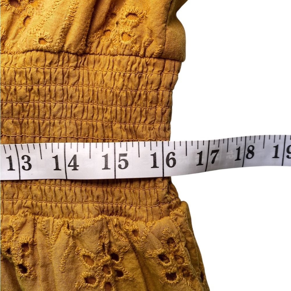 J Gee Mustard Yellow Boho Eyelet Tiered Midi Dress - Smocked Waist, V-Neck - Picture 13 of 16